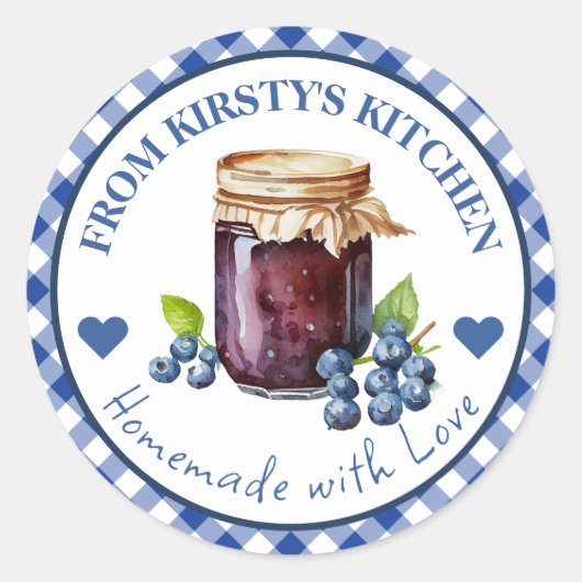 Gingham Blueberry Jam Label Runder Aufkleber (Vorderseite)