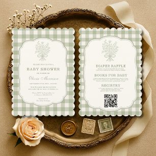 Gingham-Blumen-Schleife Alles-in-Einem-Baby-Party Einladung
