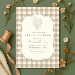 Gingham-Blumen-Schleife Beige Elfenbein-Brautparty Einladung