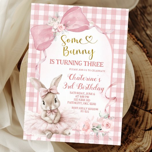 Gingham Blush Pink Floral Bow Bunny Ballerina Einladung