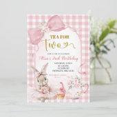 Gingham Blush Pink Floral Bow Bunny Tea Party Einladung (Stehend Vorderseite)