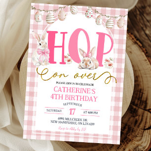 Gingham Boho Blumen-Hopp-über-Häschen-Geburtstag Einladung