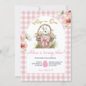 Gingham Boho Pink Bow Floral Easter Bunny Birthday Einladung (Vorderseite)