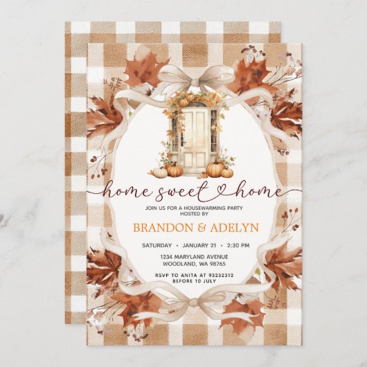 Gingham Boho Pumpkin housewarming party Einladung (Vorne/Hinten)