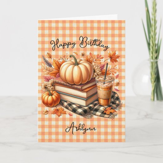 Gingham Books und Orange Pumpkin Spice zum Geburts Karte (Vorderseite)