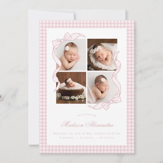Gingham Bow 4 Frame Photo Birth Announcement Ankündigung (Vorderseite)