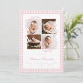 Gingham Bow 4 Frame Photo Birth Announcement Ankündigung (Stehend Vorderseite)
