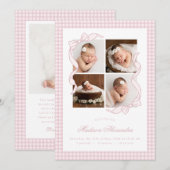 Gingham Bow 4 Frame Photo Birth Announcement Ankündigung (Vorne/Hinten)