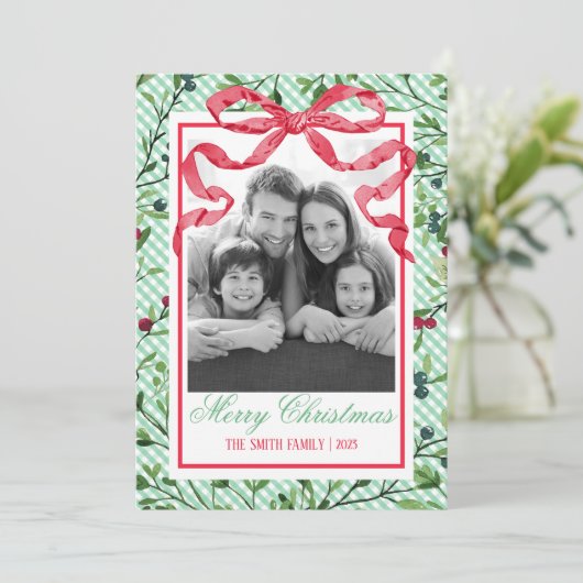 Gingham Bow Botanische Weihnachtskarte Einladung (Stehend Vorderseite)
