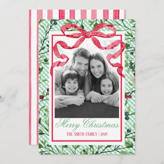 Gingham Bow Botanische Weihnachtskarte Einladung (Vorne/Hinten)