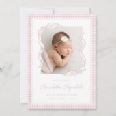Gingham Bow Photo Birth Announcement Ankündigung (Vorderseite)