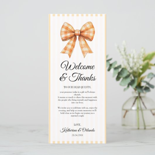 Gingham Bow Wedding Place Setting Thank You Card Programm (Stehend Vorderseite)