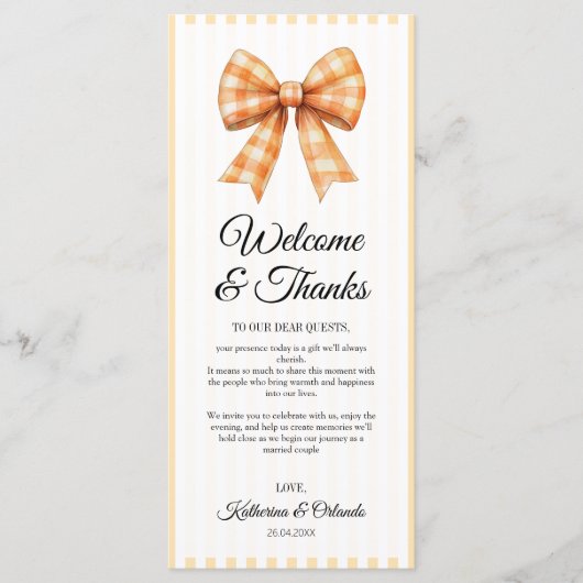 Gingham Bow Wedding Place Setting Thank You Card Programm (Vorderseite)