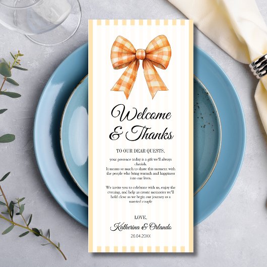 Gingham Bow Wedding Place Setting Thank You Card Programm