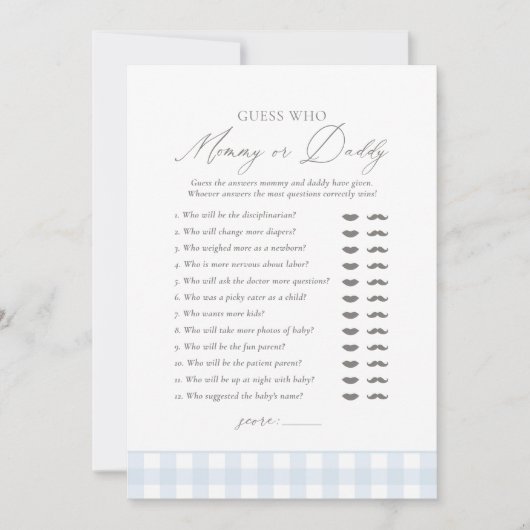 Gingham Boy Baby Shower Ratet Wer Mommy oder Daddy Einladung (Vorderseite)