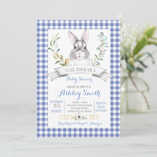 Gingham Bunny Baby Dusche Einladung (Stehend Vorderseite)