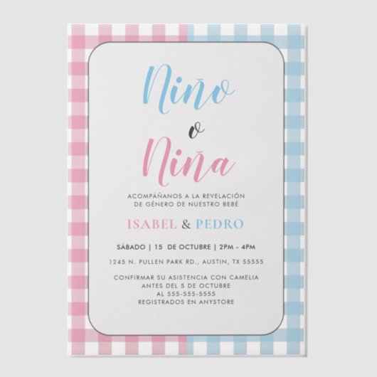 Gingham Classic Nino o Nina Spanischen Genderberic Pergament Einladungen (Vorderseite)
