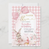 Gingham Coquette Pink Floral Bunny Third Birthday Einladung (Vorderseite)