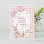 Gingham Coquette Pink Floral Bunny Third Birthday Einladung (Stehend Vorderseite)
