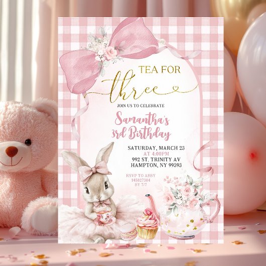 Gingham Coquette Pink Floral Bunny Third Birthday Einladung