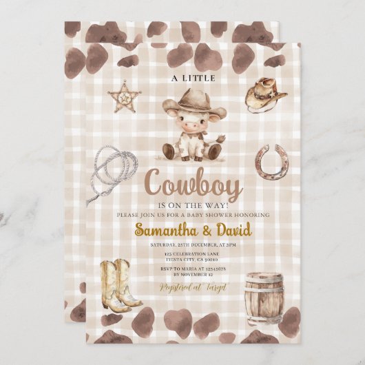 Gingham Cowboy is on the Way Baby Shower Einladung (Vorne/Hinten)