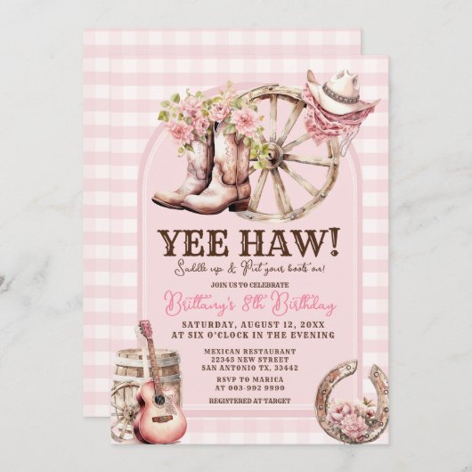 Gingham Cowgirl Western 8. Geburtstag Einladung (Vorne/Hinten)