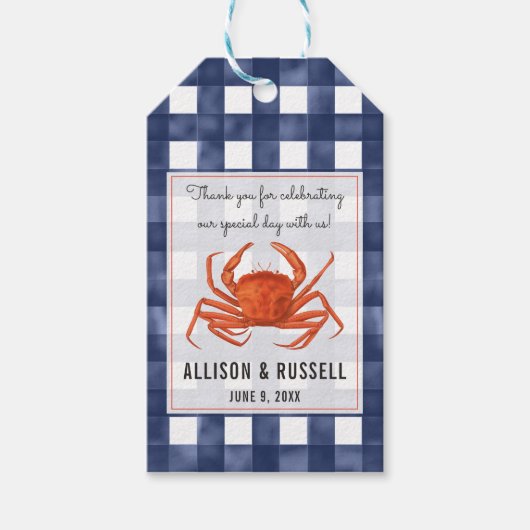 Gingham Crab Coastal Wedding Geschenkanhänger (Vorderseite)