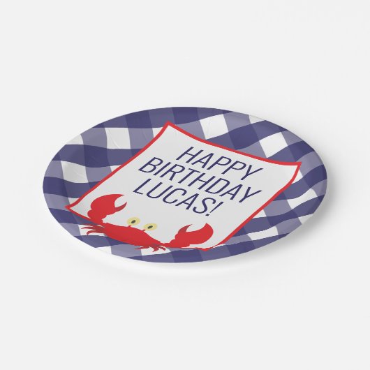Gingham Crab Personalisiert Party Teller (Schrägansicht)