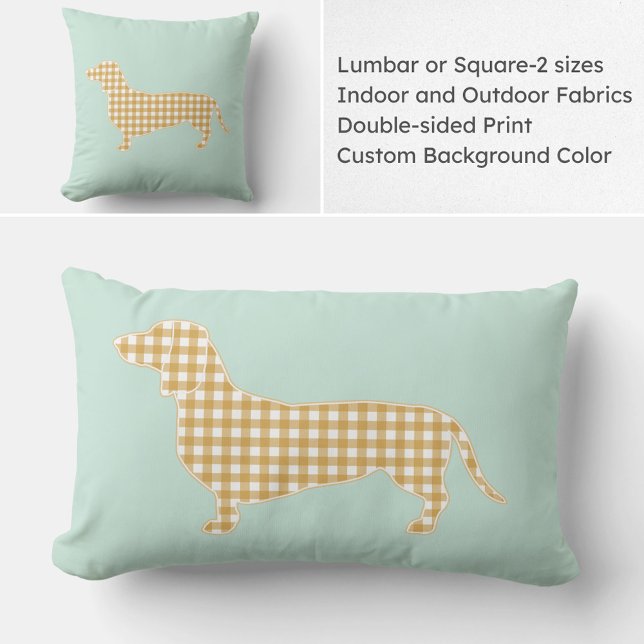 Gingham Dackel Silhouette Pillow - Mint und Tan Lendenkissen (Gingham Dachshund lumbar or square pillow available in indoor and outdoor fabrics. Custom colors.)