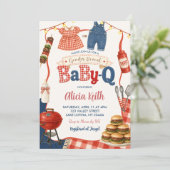 Gingham Denim BBQ Geschlecht Enthüllung Babyq Einladung (Stehend Vorderseite)