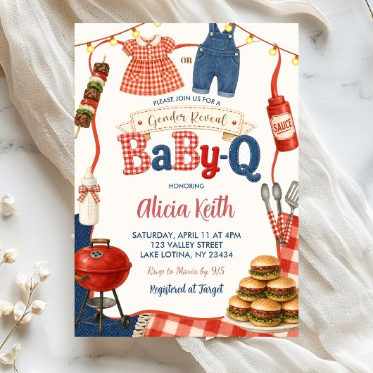 Gingham Denim BBQ Geschlecht Enthüllung Babyq Einladung