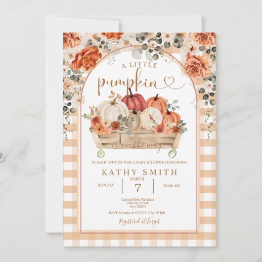 Gingham Ein kleiner Kürbis ist auf dem Weg Babydus Einladung (Vorderseite)