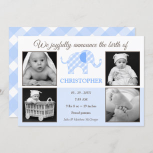 Gingham Elephant Baby Boy Foto Geburtserklärung Ankündigung