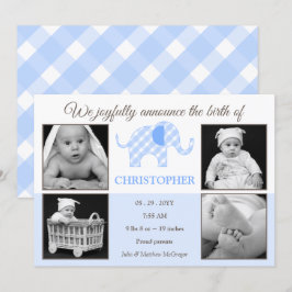 Gingham Elephant Baby Boy Foto Geburtserklärung Ankündigung