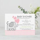 Gingham Elephant Pink Baby Shower Einladung (Stehend Vorderseite)