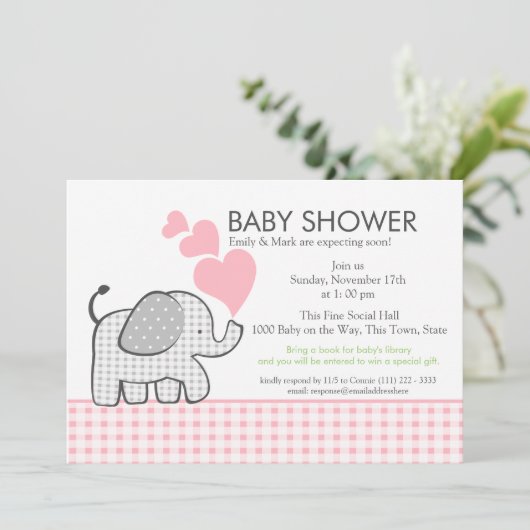 Gingham Elephant Pink Baby Shower Einladung (Stehend Vorderseite)