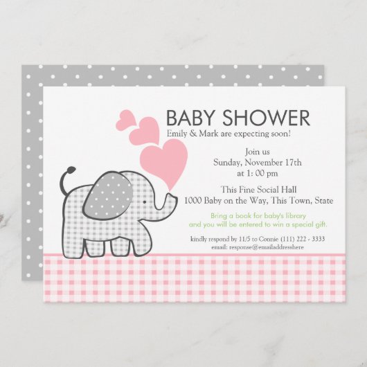 Gingham Elephant Pink Baby Shower Einladung (Vorne/Hinten)