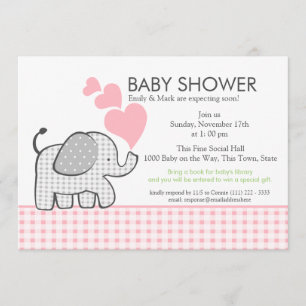 Gingham Elephant Pink Baby Shower Einladung