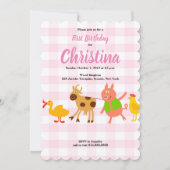 Gingham Farm Animal Baby Erstgeburtstag Einladung (Vorderseite)