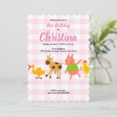 Gingham Farm Animal Baby Erstgeburtstag Einladung (Stehend Vorderseite)
