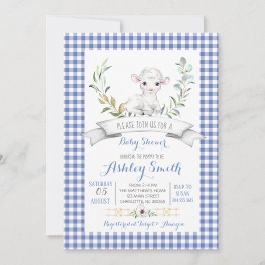 Gingham Farm Schafe Babydusche Einladung (Vorderseite)