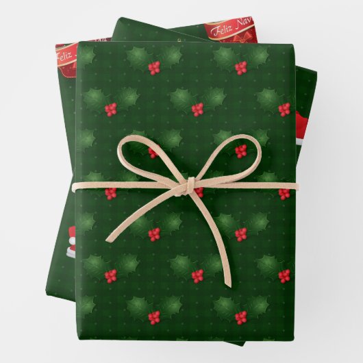 Gingham Feliz Navidad Holly Berries Geschenkpapier Set (Beispiel)
