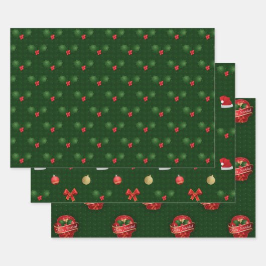 Gingham Feliz Navidad Holly Berries Geschenkpapier Set (Set)