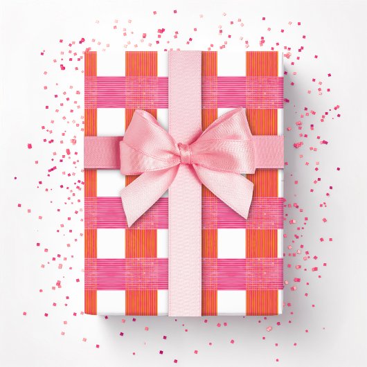 Gingham-Fensterpaneel-Webart in Rosa und Orange Geschenkpapier