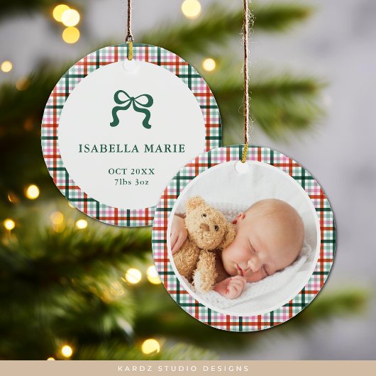 Gingham First Christmas Birth Stats Baby Photo Keramik Ornament