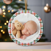 Gingham First Christmas Birth Stats Baby Photo Keramik Ornament