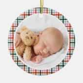 Gingham First Christmas Birth Stats Baby Photo Keramik Ornament (Vorne)