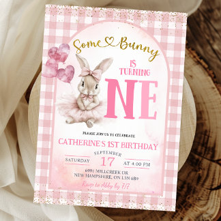 Gingham Floral Ballerina Bunny First Birthday Einladung