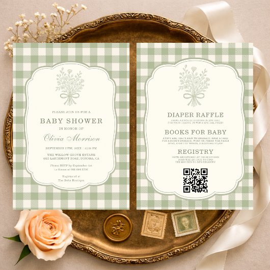 Gingham Floral Bow QR Code All in One Baby Shower Einladung