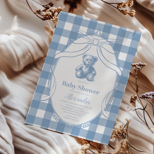 Gingham French Teddy Bear Baby Shower Einladung